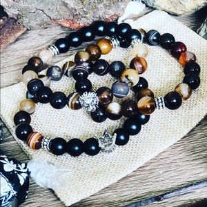 Brown Striped Agate Bracelet Trio for him.
